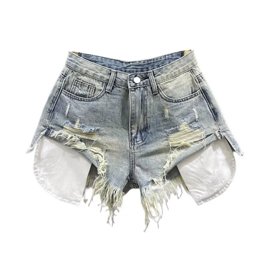 Shorts Korean Vintage Blue Sexy Ripped Jeans for Women Patchwork A-line High-waisted Denim Ultra Shorts