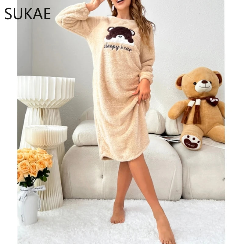 Winter Warm Sleepwear 
SUKAE Cute Bear Winter Women Long Sleeves Thermal Nightgowns Flannel Long Sleepshirt Pullover Fluffy Nightwear Woman Homewear