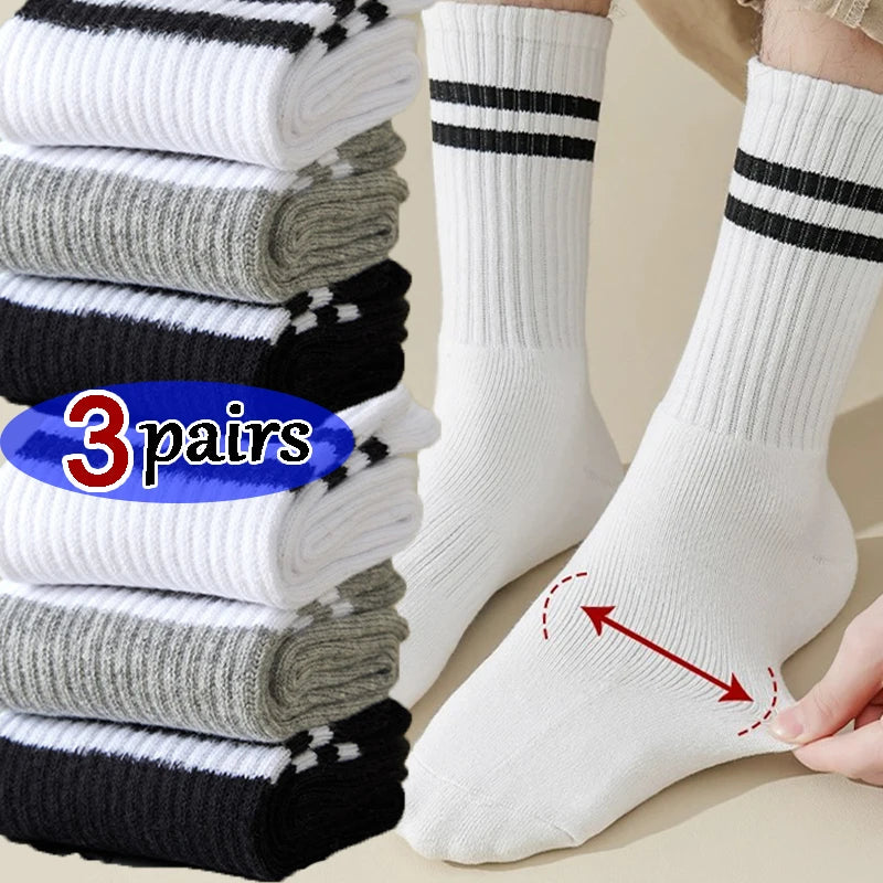 Stockings 
1/3pairs White Black Crew Socks Women Men Casual Solid Color Cotton Middle Tube Socks Breathable Sports Striped Stockings