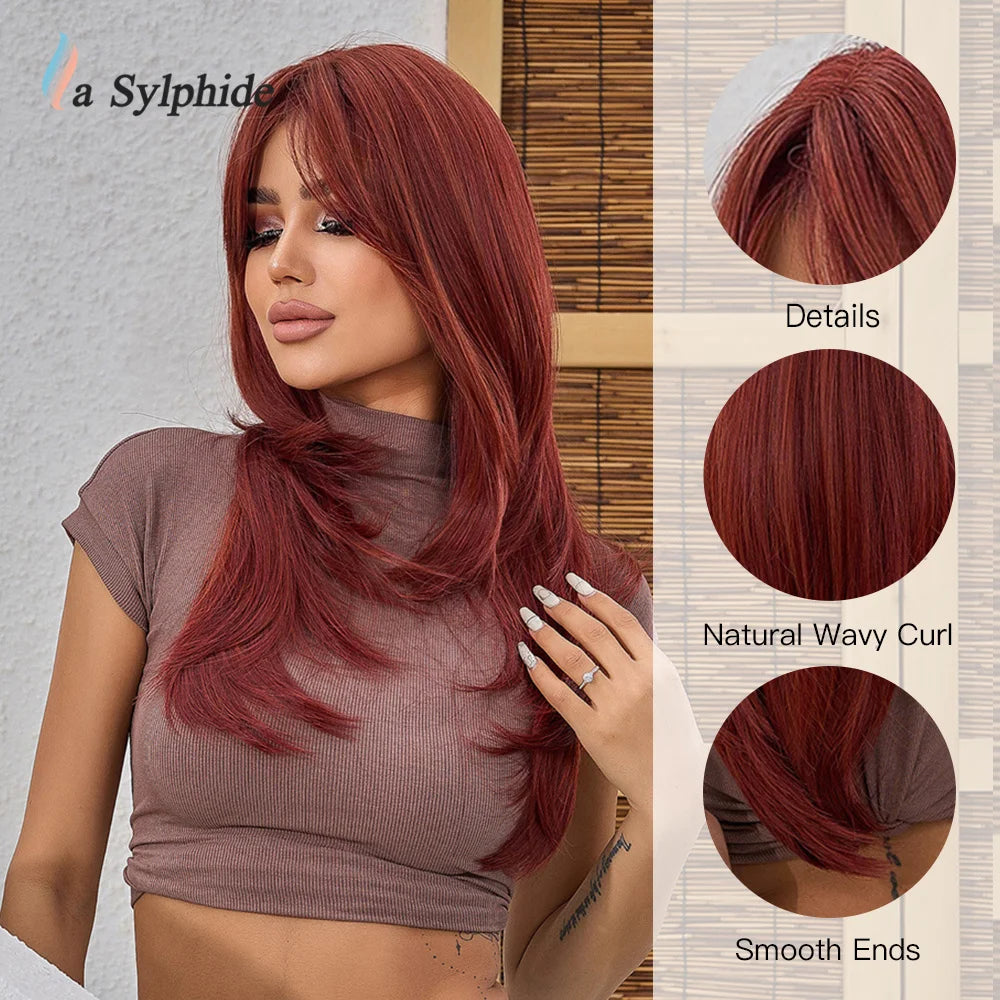 Hair Extensions and Wigs
La Sylphide Red Wig with Bangs Long Straight Good Quality Synthetic Wigs for Women Daily Natural Heat Resistant Hair