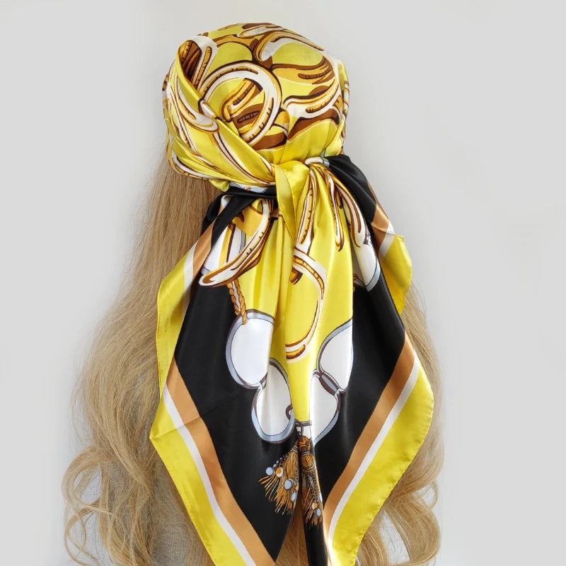 High Quality 90*90cm Hair Scarf Women Fashion Designer Beautiful Flowers Foulard Soft Satin Shawl Kerchief Square Silk Scarfs Neck Headscarf