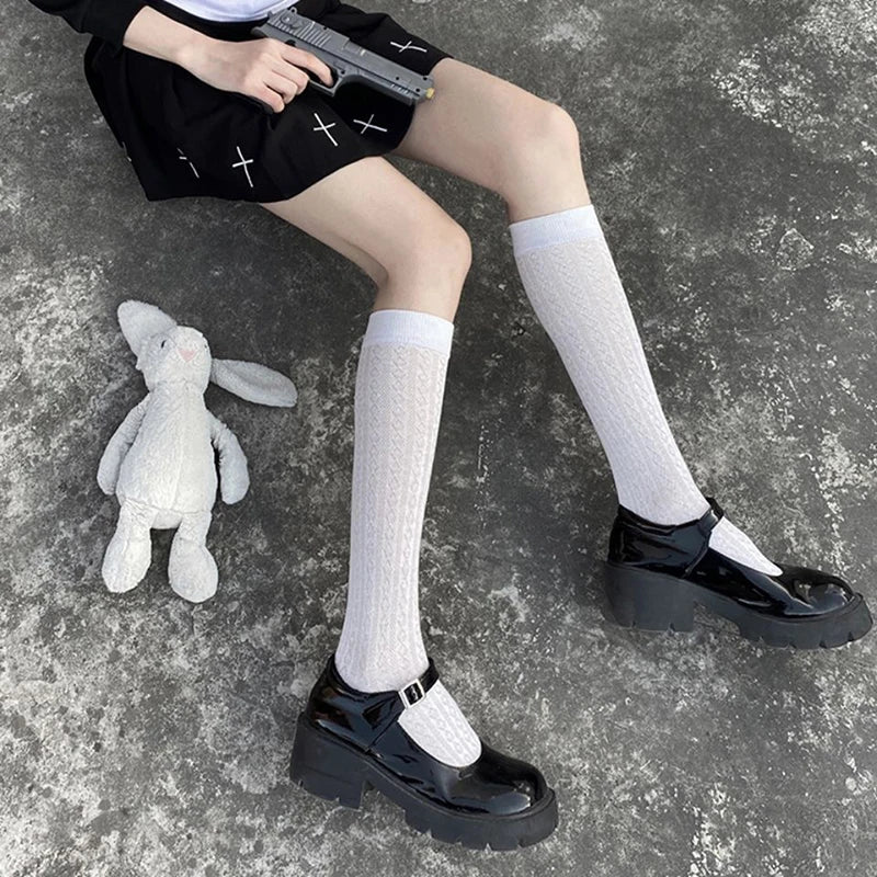 Stockings 
Japan Style High School Student Stockings Long Socks Solid Black White Summer Thin Woman Socks JK Costumes Girls Knee High Socks