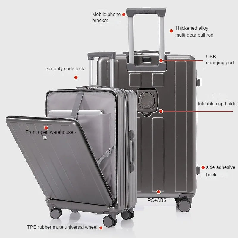 Travel Bag Suitcase Front Opening Carry on Luggage with Laptop Storage Pocket USB Multi Function Travel Suitcase  Middle Size Trolley Case