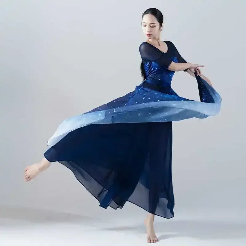 dancers  
Starry Blue Gradient Chiffon Dance Set Women's Large Skirt Modern Dance Classical Dance Ballet Performance Dress