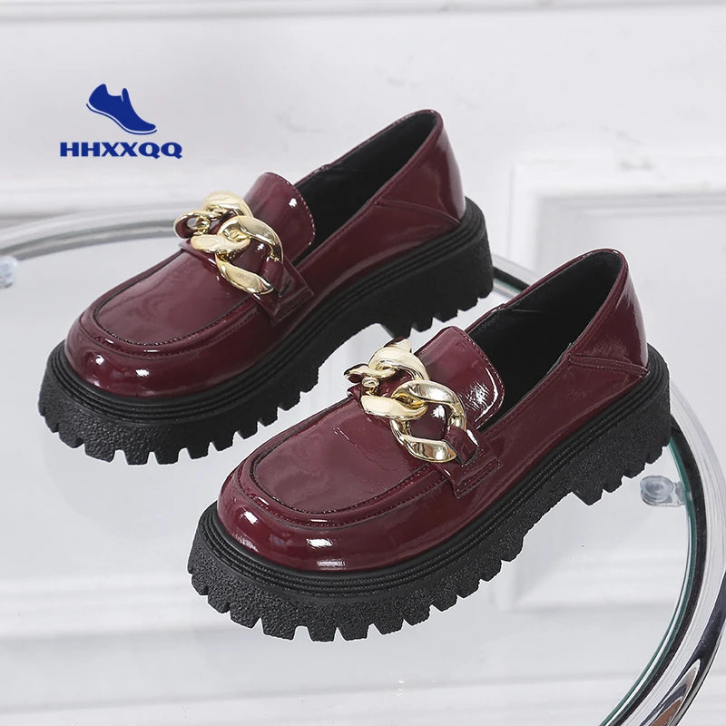 loafers Shoes Chunky Loafers Women Patent Leather Platform Shoes Round Toe Metal Chain Slip on Ladies Flats Handmade Kawaii Shoes Woman Flats