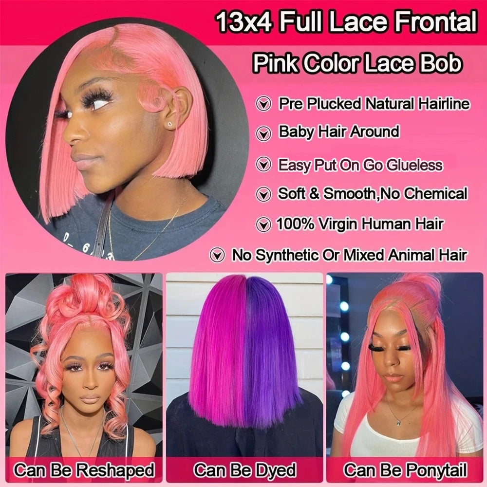 Hair Extensions and Wigs
Pink Color Short Straight Lace Bob Wig 180% Density 13x4 Transparent Lace Frontal Wig Brazilian Remy Put On Go Human Hair Wigs