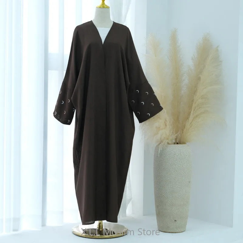 Eid Moon Embroidery Open Abaya Dubai Luxury Kimono Coat With Hijab Kebaya Kaftan Baggy Abaya Modest Robe De Priere Muslim Dress