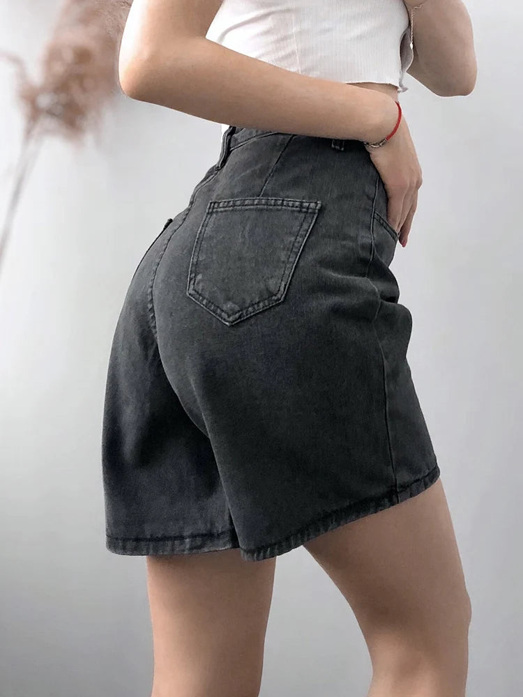 Shorts  New Summer Women High Waist Button Wigh Leg Jeans Shorts Casual Female Loose Fit Blue Denim Shorts