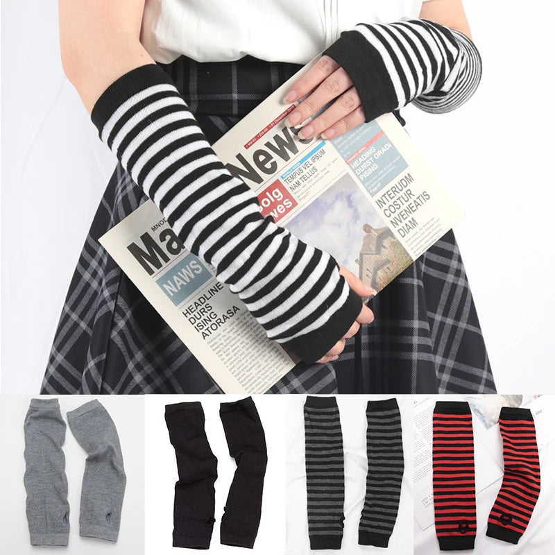 High Quality Punk Winter Warm Long Sleeves Gloves Goth Men Women Fingerless Stripe Hip-Hop Knitted Elbow Mittens Elastic Outdoor Warmer Arm