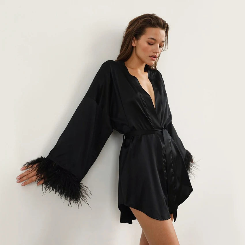 Winter Warm Sleepwear 
Feather Bathrobes Satin Sexy Mini Dress Long Sleeve Loose Peignoirs For Women Robe White Wedding Dress Black Bride Dresses