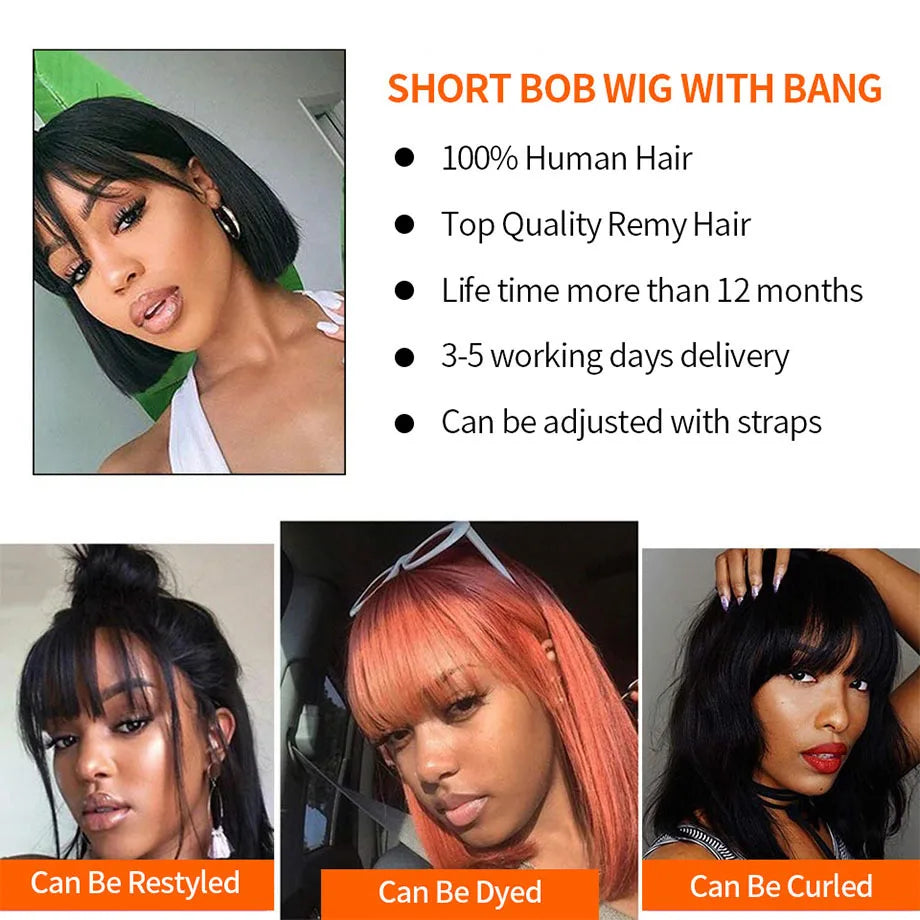 Hair Extensions and Wigs
Straight Bob Wig With Bangs Natural Short Straight Wigs For Black Women Machine Made Brazilian Virgin Hair Bangs Wigs For Women