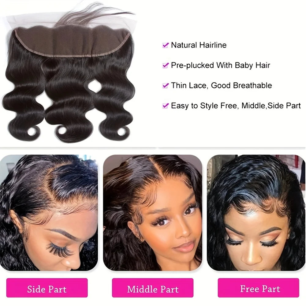 Hair Extensions and Wigs
Body Wave Human Hair Bundles 100% Unprocessed Human Hair 13x4 Transparent Lace Frontal 3 Bundles With Closure Natural Black