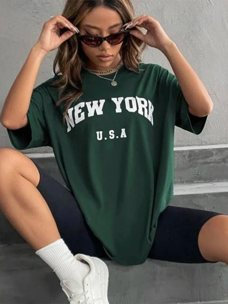 Plus Size Blessyuki New York Letter Print T-shirts Female Summer Basic O-neck Tees Casual Retro Streetwear Ladies Harajuku Plus Size Tops