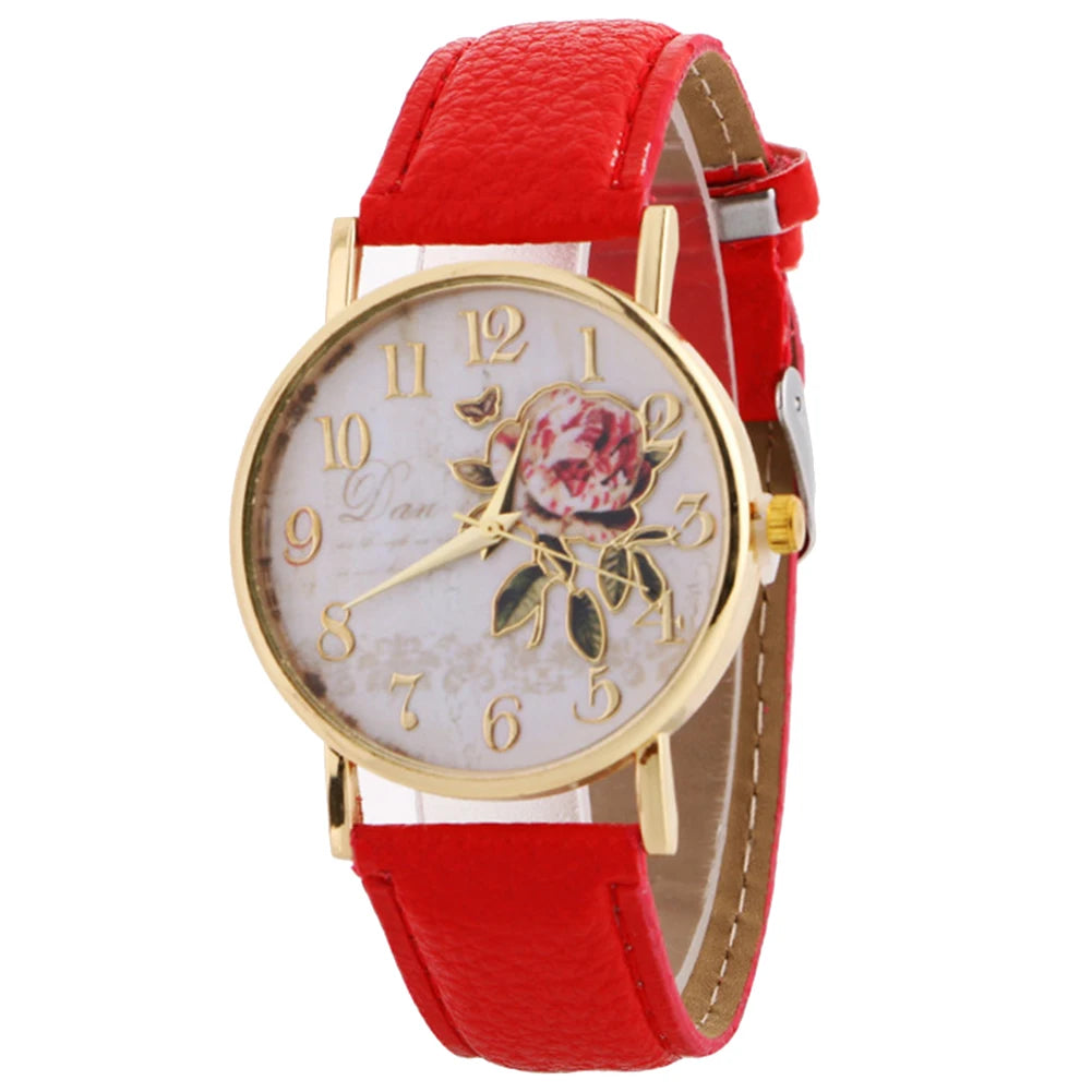 Women Watch Rose Flower Round Dia Watch Women Elegant Watches Faux Leather Band Arabic Number Quartz Wristwatch Montre Femme Christmas Gift