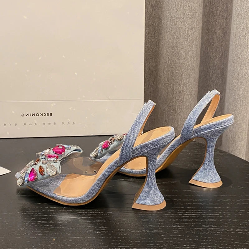 WOMEN SANDALS Fashion Denim Bowknot Crystal Pumps Sexy Pointed Toe High Heel Women Sandals Prom Party Spring Shoes Zapatillas De Mujer