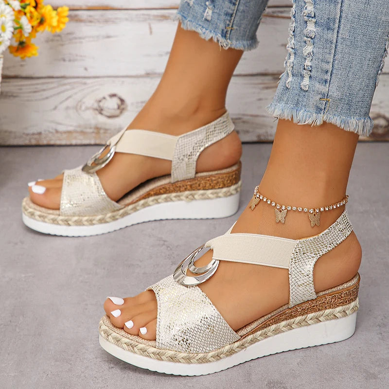 WOMEN SANDALS Metal Decoration Women's Wedges Sandals 2024 Summer Snake Print Platform Gladiator Shoes Woman Comfort Casual Med Heels Sandals