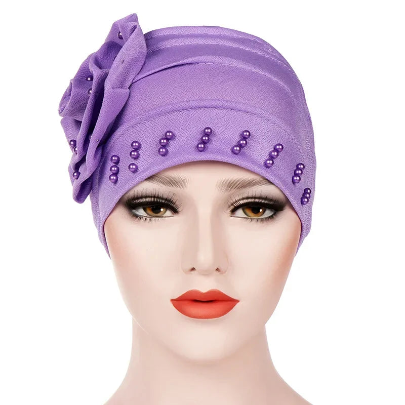 Elegant Look Helisopus Women New Fashion Ruffle Beaded Solid Scarf Cap Muslim Head Wrap Chemo Turban Bandanas Ladies Hair Accessories