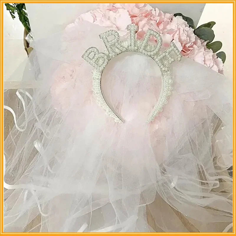 Elegant Look Bride To Be Pearl Crown Headband with Veil Mrs WIFEY Luxury Bridal Hair Accessories Wedding Engagement Dinner Decoration Gift