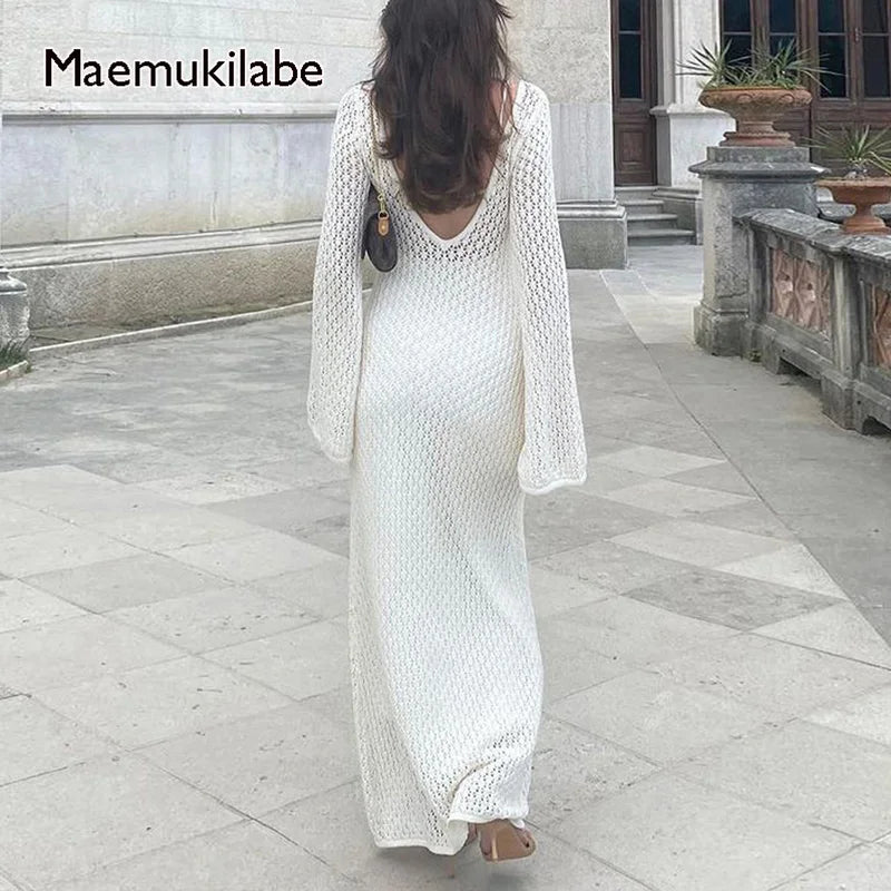 Knitted-Dress Elegant Lady Crochet Low Cut V Neck Backless Dress