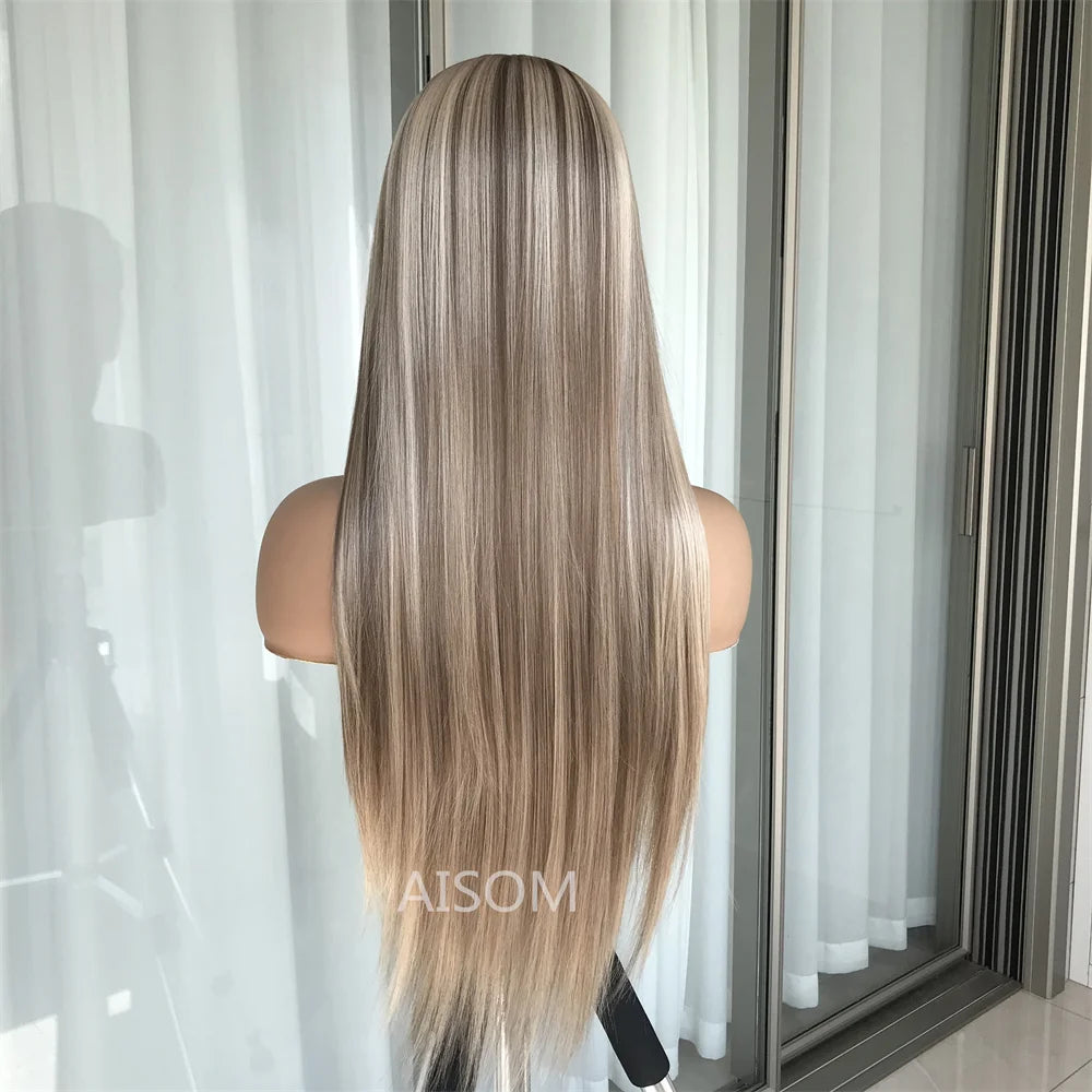 Hair Extensions and Wigs
13x4 Lace Front Wig Highlight Brown Synthetic Lace Wigs for Women Pre Plucked 24 Inch Straight Lace Frontal Wigs Blonde Daily