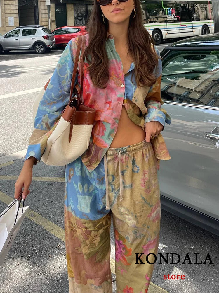 Pant-Sets Women Suit Single Breasted Blouse Straight Long Loose Pants New Fashion 2023 Summer Boho Sets