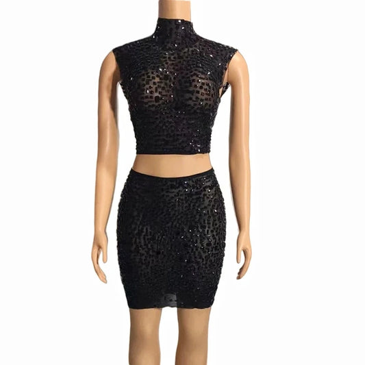 Exotic 
Sexy Two Pieces Dress Mesh Transparent Celebrate Evening Prom Party Birthday Dress Women Sparkly Rhinestones Top Short Skirt