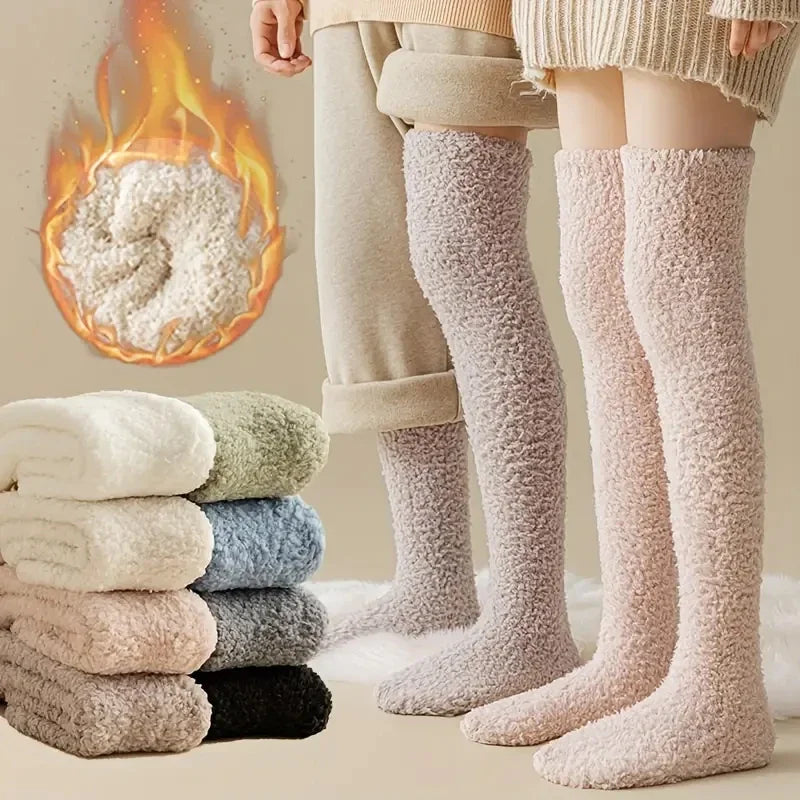 Stockings 
New Soft Coral Fleece Stockings Women Winter Solid Color Warm Thigh High Stockings Home Keep Warm Over Knee High Long Socks