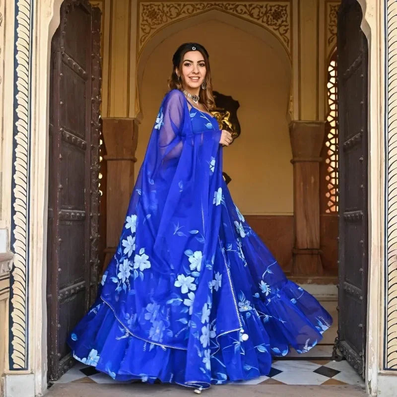 India and Pakistan Clothing 
Blue Print Lehenga Choli Strap Blouse Flower Print Dress Indian Clothing Semi Stitch