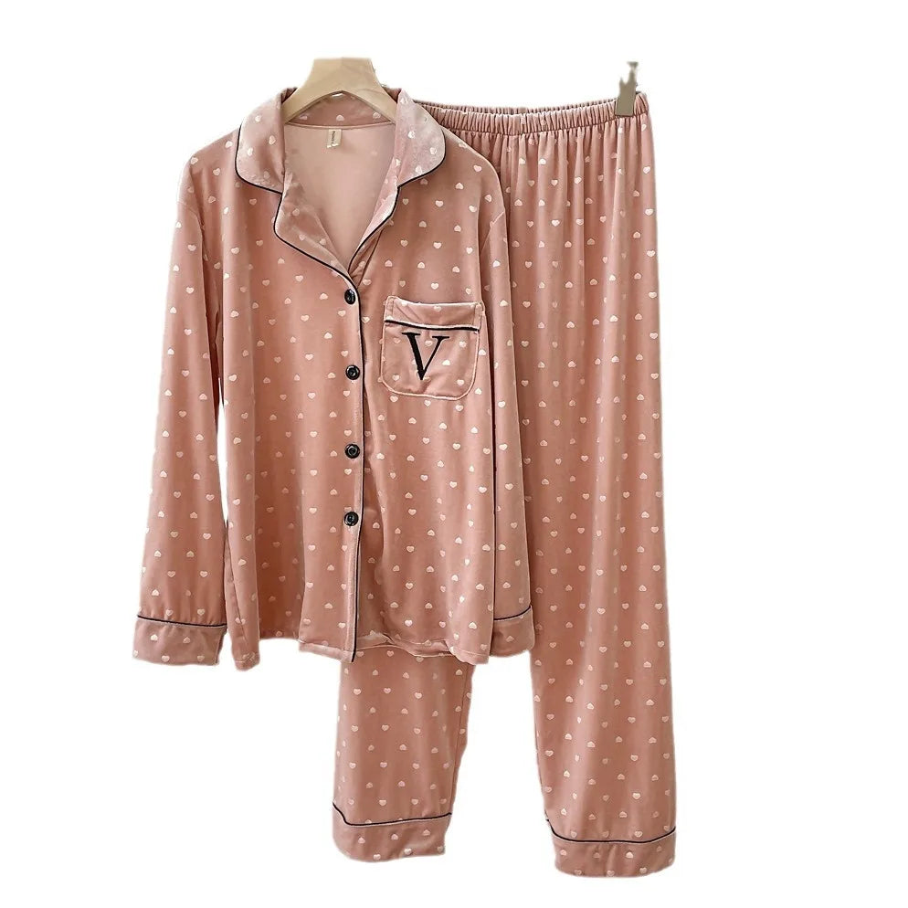 Winter Warm Sleepwear 
Warm Velvet Pajamas Set Long Sleeve Homewear Lady Elegant 2Pcs Top&pants Autumn Winter New Sleepwear Print Love Pyjamas Suit