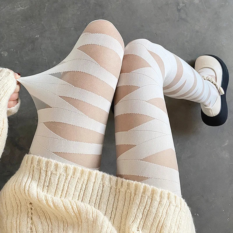 Tights 
Lolita Cute Long Tights Silk Socks Black White Sexy Stockings For Woman Pantyhouse Cross Stripe Summer Breathable Tights Ladies