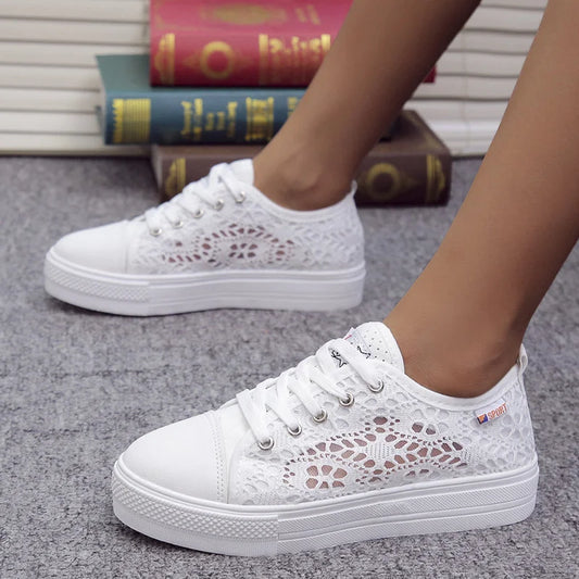 canvas shoes  Fashion Summer Casual White Shoes Cutouts Lace Canvas Hollow Breathable Platform Flat Shoes Woman Sneakers