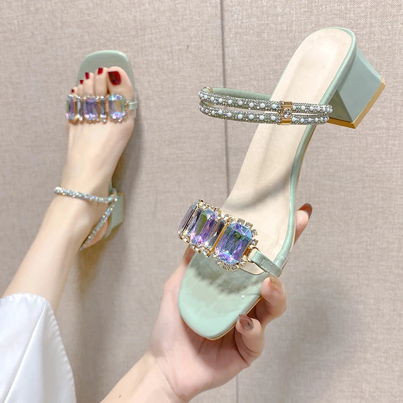 WOMEN SANDALS Fashion Rhinestone Sandals for Women Summer 2023 Square Heels Open Toe Slippers Woman Transparent PVC Jelly Sandals Mujer