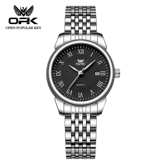 Women Watch OPK Original Women's Quartz Watch Fashion Retro Roman Numerals Black Dial Stainless Steel Strap Waterproof Ladies Wristwatches