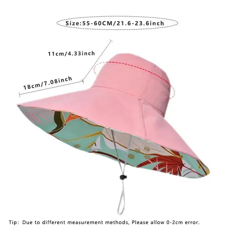 Hat 18cm Large Brim Women Sun Hat Luxury Double Sided Wearable Plant Printing Cotton Bucket Cap Light Breathable Summer Top Hat