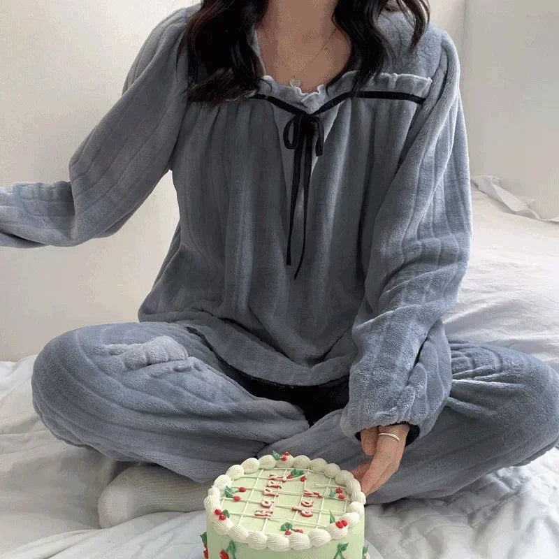 Winter Warm Sleepwear 
Square Collar Women Pajamas Set Winter Warm Sleepwear Fleece Velvet 2 Piece Pants Home Wear Suit Fluffy Korean Solid Night Wear