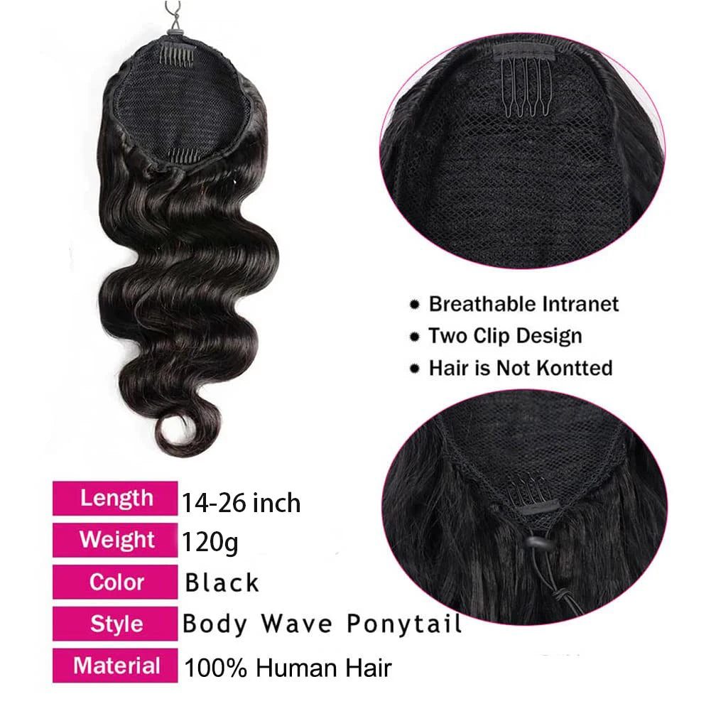 Hair Extensions and Wigs
Body Wave Hair Extension Clip Ponytail 100% Human Hair Extensions Natural Black Drawstring Ponytail Extensions For Woman 26 Inch