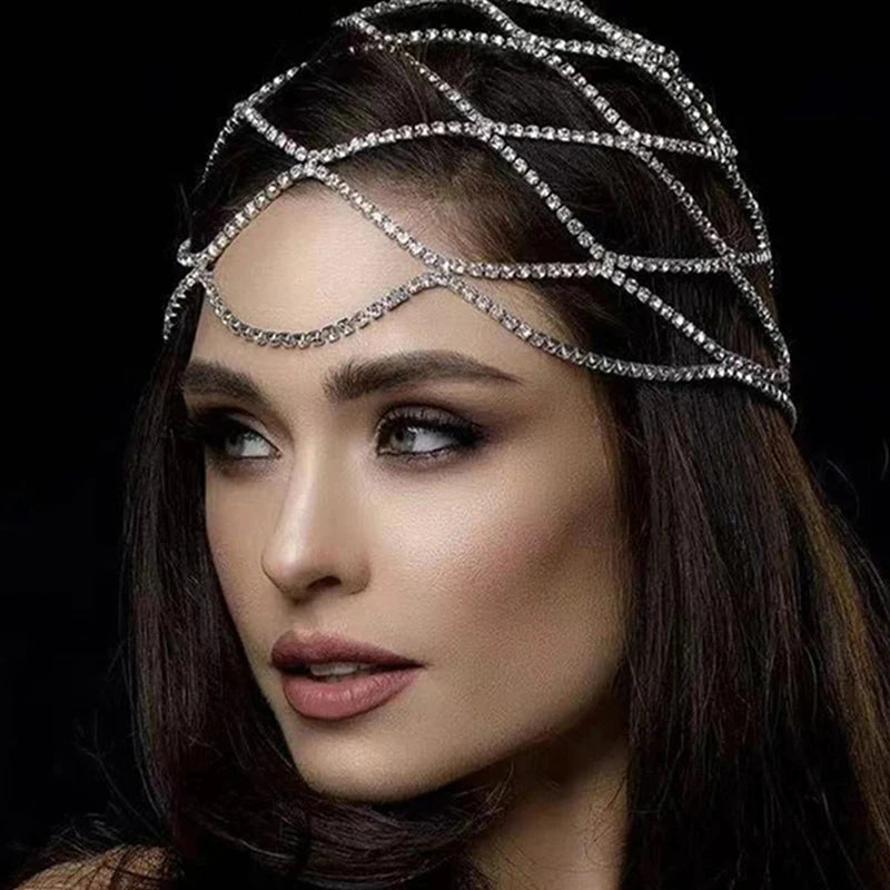 Elegant Look Hollow Out Rhinestone Mesh Headpiece Wedding Head Chain Jewelry for Women Luxury Crystal Headband Head Cap Hat Hair Accessories