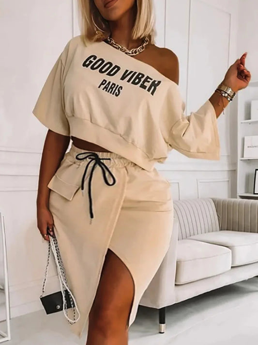 Plus Size Two Piece Good Viber One Shoulder Letter Print Set Crop Top+High Split Skirt Elegant Matching Outfits For Women