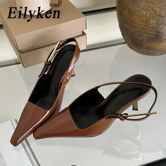 WOMEN SANDALS Street Style Sexy Pointed Toe Metal Buckle Strap Women Pumps Stripper Sandals  Slingback High Heels Female Shoes