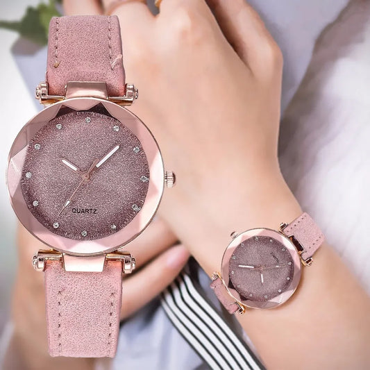 Women Watch Round Face Rhinestone Star Sky Silver Pink Women for Watch Leisure Fashion Trend Frosted Belt Vintage Black Quartz Wristwatch