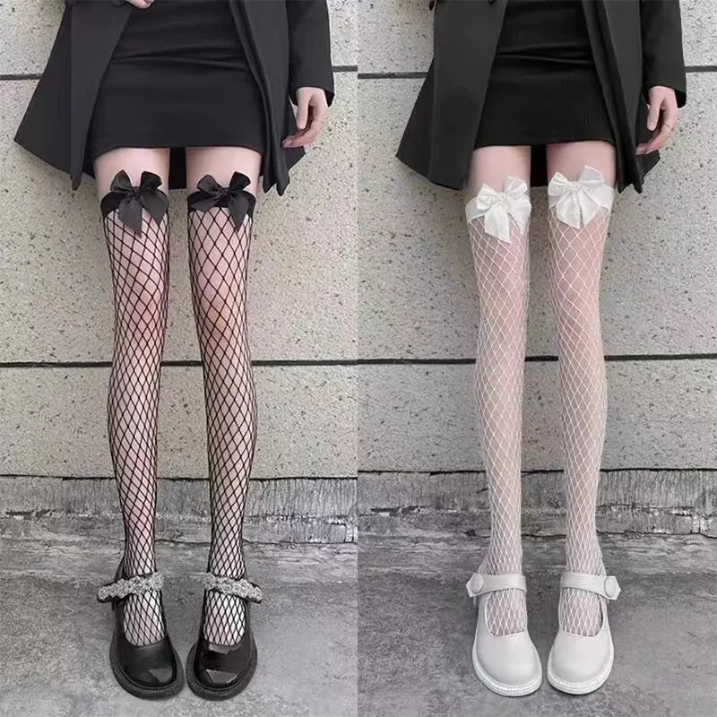 Tights 
Sexy Black Mesh Socks Bow Lace Stockings Thin Thigh Socks Fishnets Tights Women Summer Socks