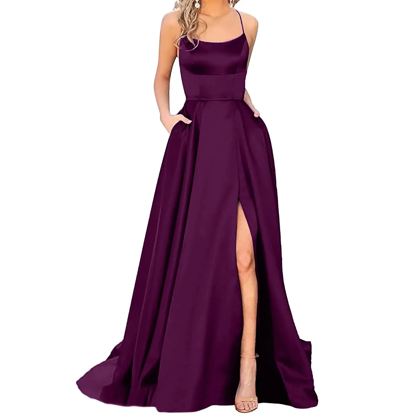 Prom Dresses Ladies Long Women Elegant Backless Long Dresses Crisn Satin Spaghetti Side Slit Wedding Evening Party Prom Dress