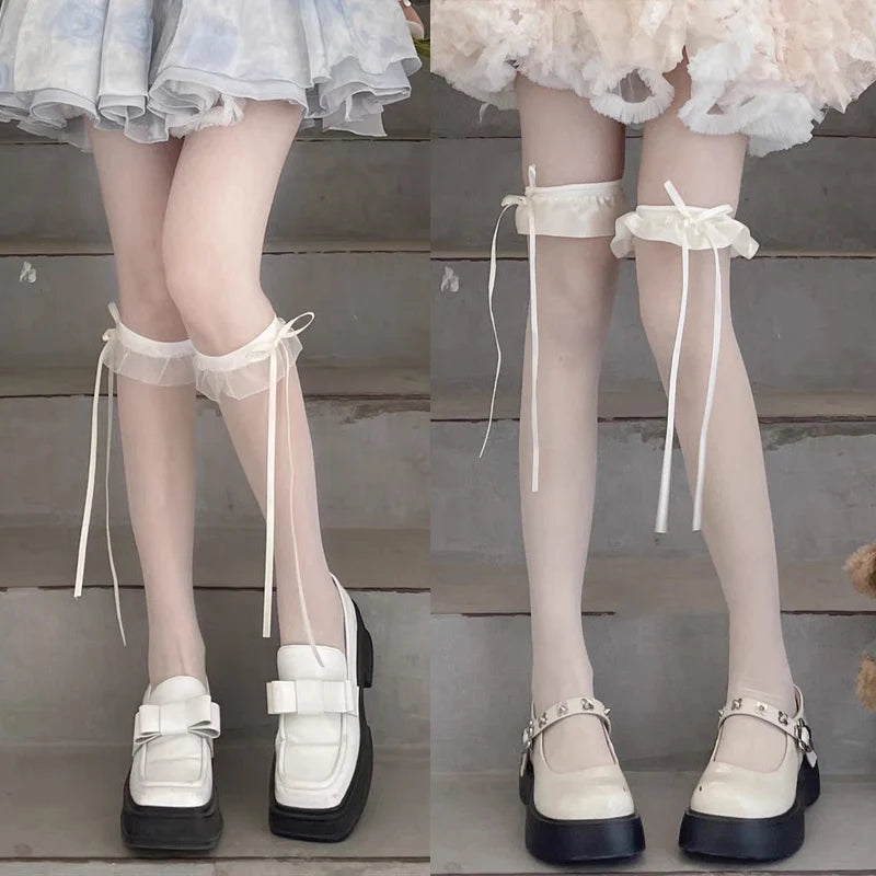 Stockings 
Black White Ruffle Long Socks Women Girls Sweet Ultra-thin Stockings JK Lolita Nylon Lace Leggings Over The Knee Bowknot Hosiery