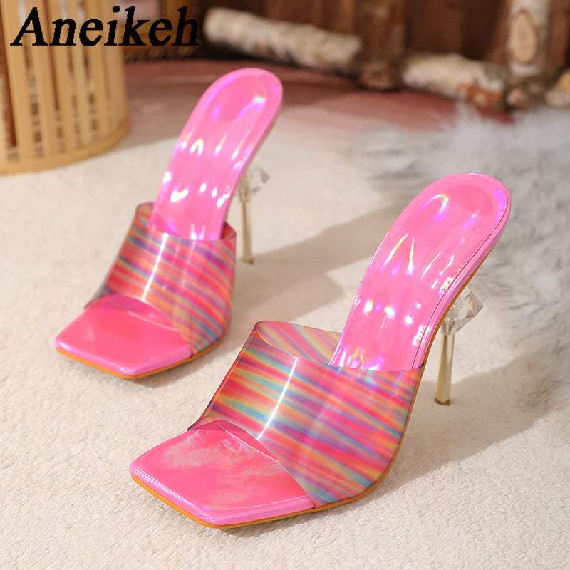 WOMEN SANDALS Aneikeh Gradient Leather PVC Transparent Slippers For Women Sexy Square Toe Strange High Heels Sandals Summer Fashion Party Shoe