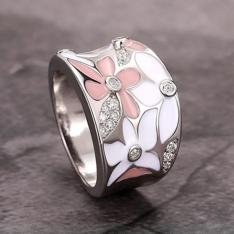 Luxury  Rings Aesthetic Enamel Flower Finger Ring for Women Wedding Party New 2023  Silver Color Luxury Cubic Zirconia Jewelry Gift