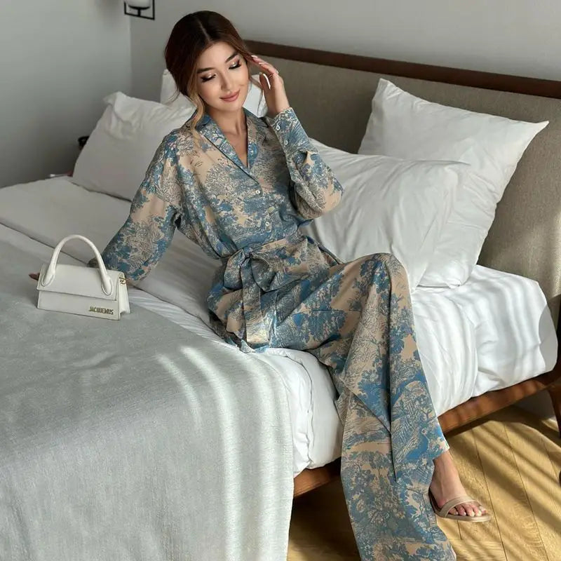 Winter Warm Sleepwear 
Hot Selling New Fashionable Sleepwear French Printed Long Sleeved Blue Graffiti Two-Piece Pajamas High Waisted Women's Pajamas