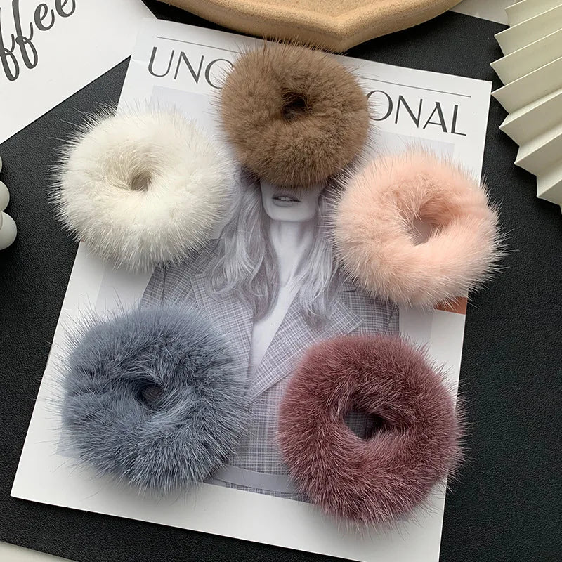 Elegant Look Fashion Hair Rope Real Mink Fur Elastic Bands Woman Luxury Genuine Rubber Band Hair Ring Accessories Fur Fluffy Hair Ties Girls