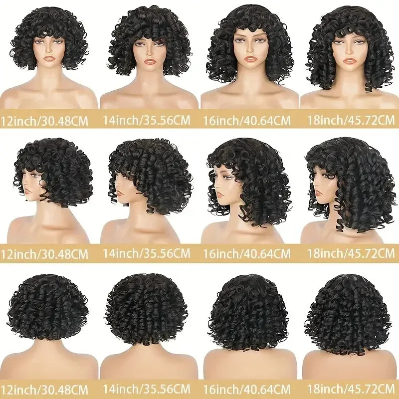 Hair Extensions and Wigs
Short Bouncy Curly Human Hair Wig With Bangs Easy to Wear Glueless Short Bob Curly Human Hair Wig Machine Made Afro Wig For Wome