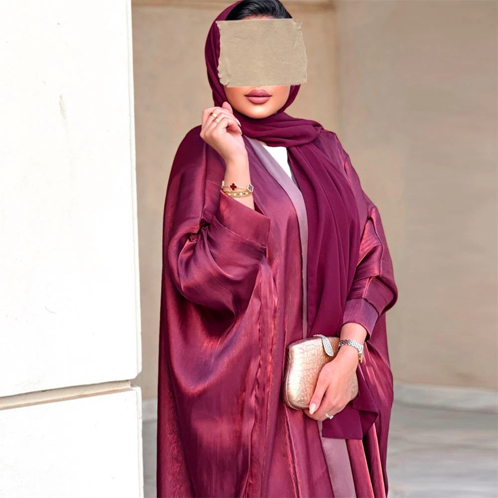 Shiny Satin Kimono Open Abayas for Women Luxury Dubai Abaya Muslim Dress Djellaba Eid Ramadan Islam Robe Caftan Kebaya Marocain