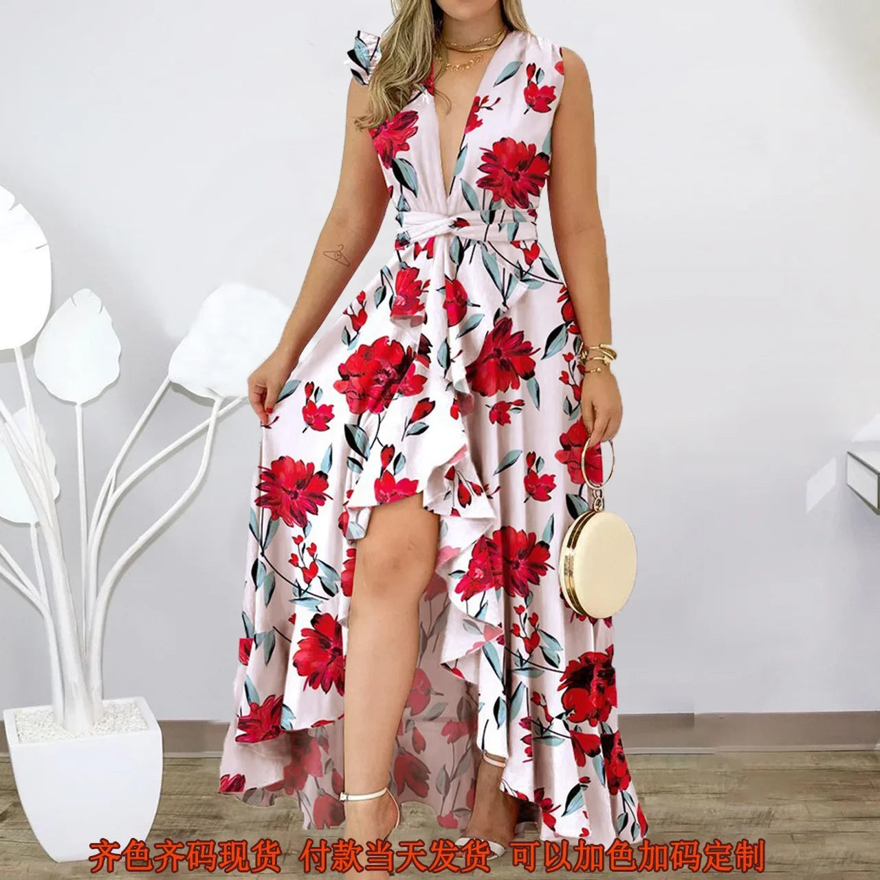 European Clothing
European American women dress 2023 high waist stand collar print long skirt fashion temperament commuter sleeveless dress female